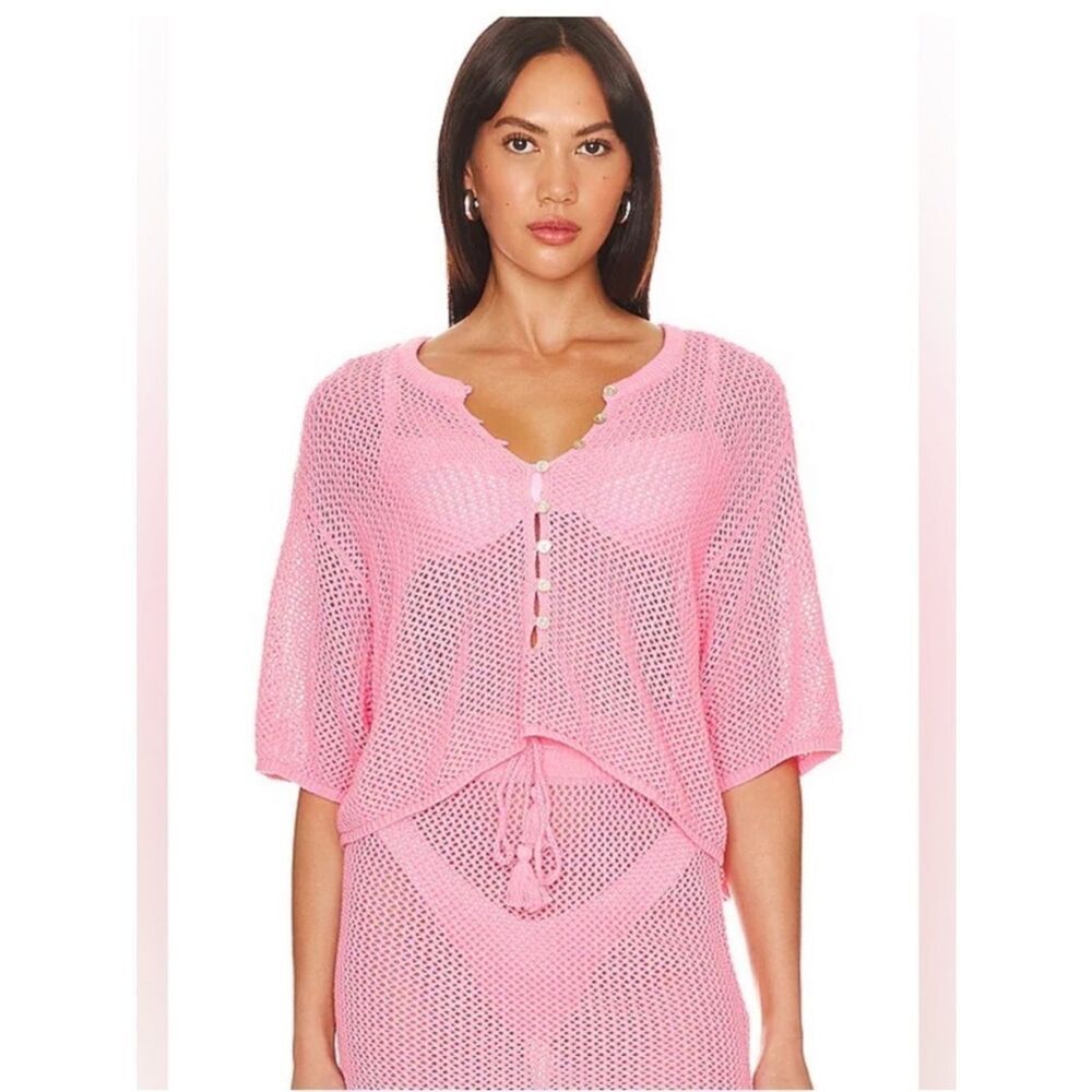 $99 l*space Coast is clear pink crochet beach coverup top NWT XL